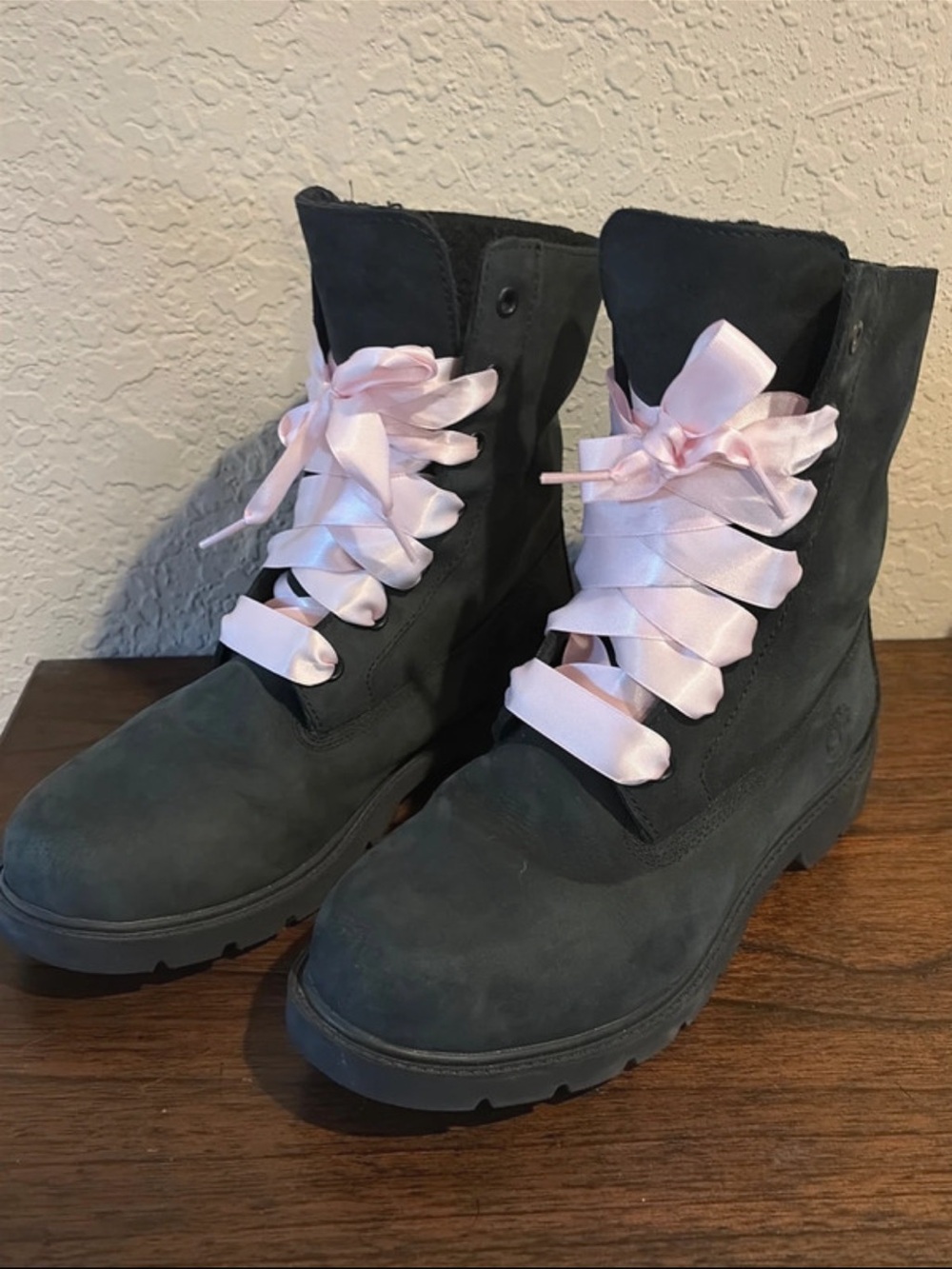Timberland Black Lace-Up Boots with Pale Pink Ribbon Laces💕